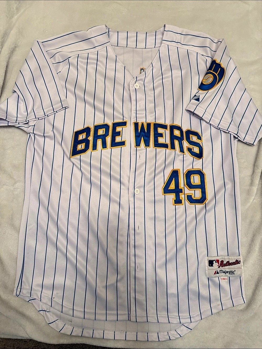 Majestic Gallardo 49 MLB Baseball Jersey White & Blue Size 52